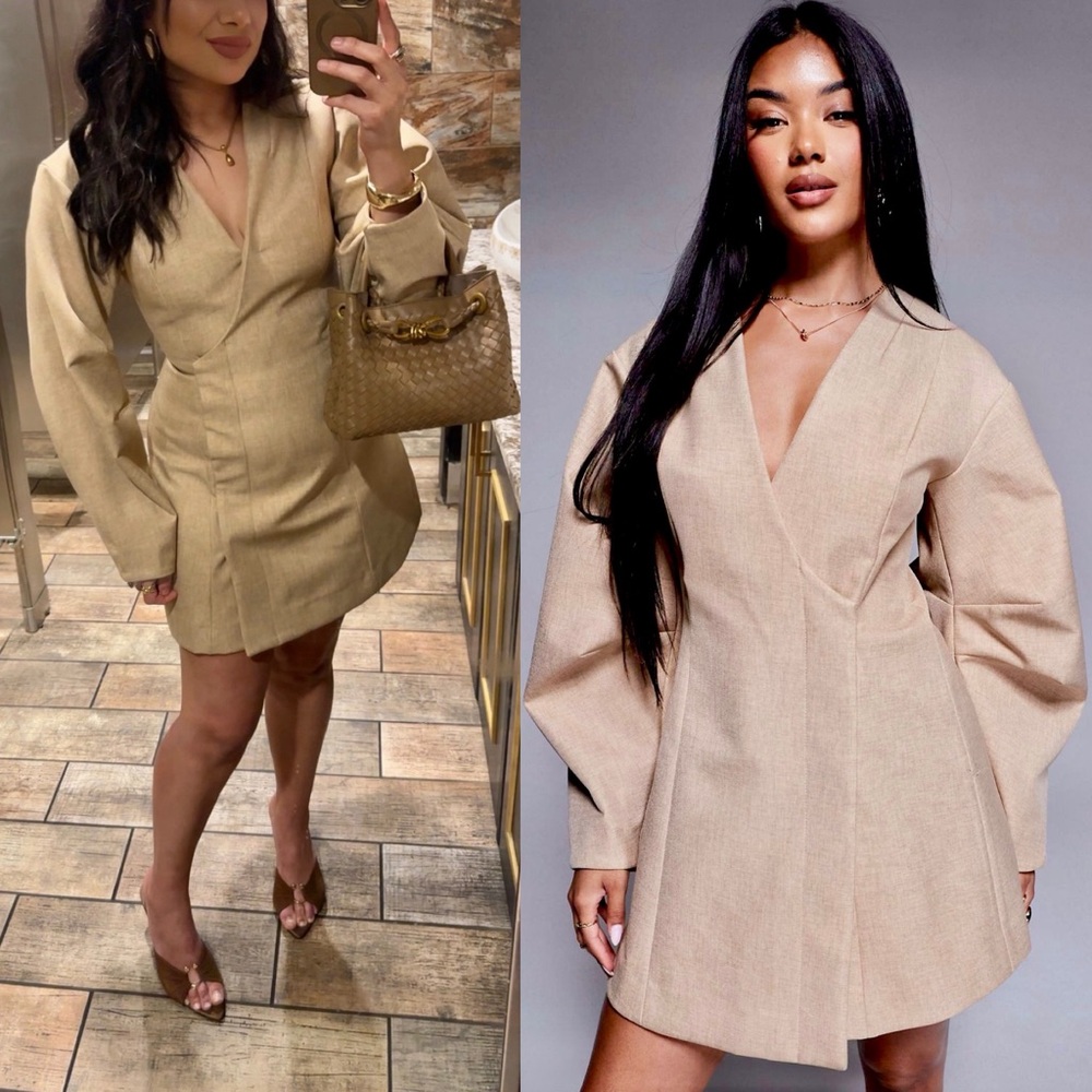 ASOS DESIGN balloon sleeve structured hourglass wrap blazer mini dress cream tan